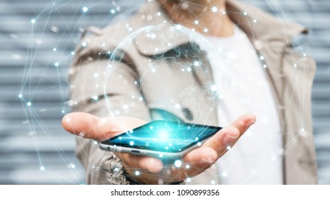 Businessman on blurred background using planet earth network with mobile phone 3D rendering