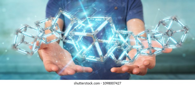 Businessman on blurred background using digital blue Blockchain 3D rendering