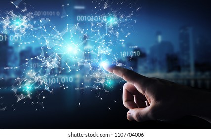 Businessman on blurred background using digital binary code connection network 3D rendering