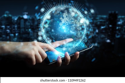 Businessman on blurred background using globe network hologram with Europe map 3D rendering - Shutterstock ID 1109491262