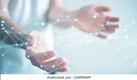 Businessman on blurred background using flying network connection 3D rendering