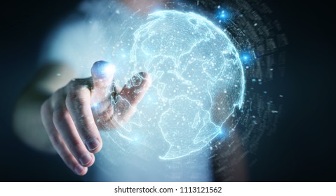 Businessman on blurred background using globe network hologram with America Usa map 3D rendering - Shutterstock ID 1113121562