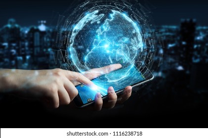 Businessman on blurred background using globe network hologram with Europe map  - Shutterstock ID 1116238718