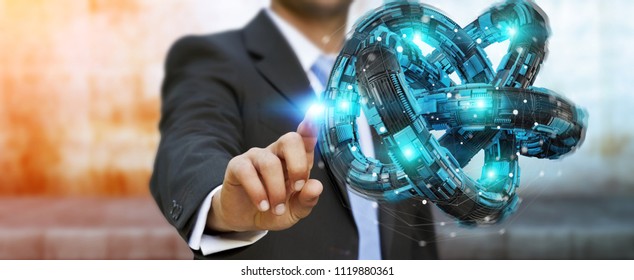 Businessman on blurred background using futuristic torus textured object 3D rendering - Shutterstock ID 1119880361