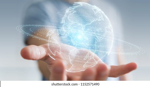 Businessman on blurred background using globe network hologram with America Usa map 3D rendering