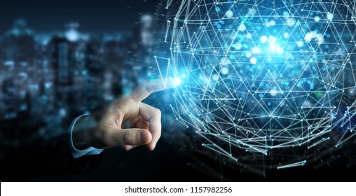 Businessman on blurred background using digital triangle exploding sphere hologram 3D rendering