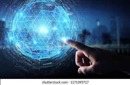 Businessman on blurred background using digital triangle exploding sphere hologram 3D rendering