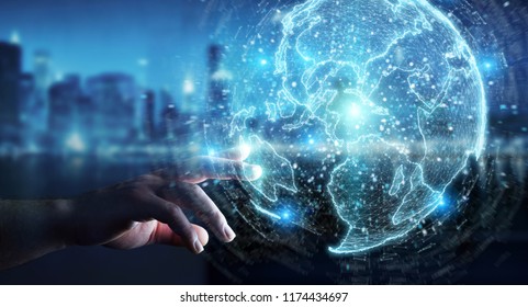 Businessman on blurred background using globe network hologram with America Usa map 3D rendering