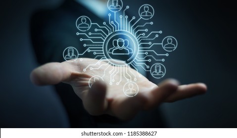 Businessman on blurred background using thin line social network icons interface - Shutterstock ID 1185388627