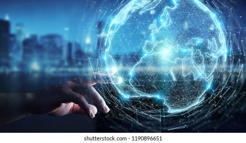 Businessman on blurred background using globe network hologram with Europe map 3D rendering