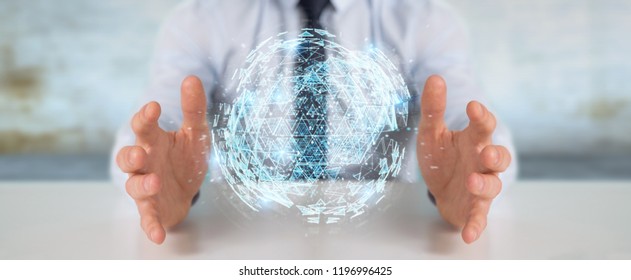 Businessman on blurred background using digital triangle exploding sphere hologram 3D rendering