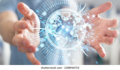 Businessman on blurred background using globe network hologram with America Usa map 3D rendering - Shutterstock ID 1208944753