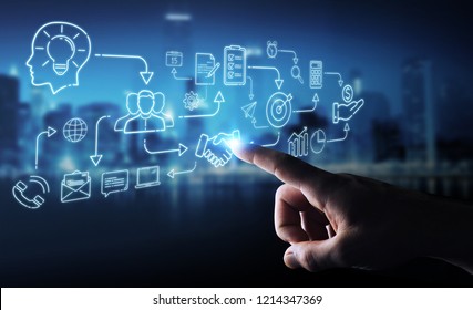 Businessman on blurred background using thin line icon project plan presentation - Shutterstock ID 1214347369