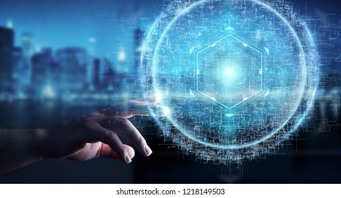 Businessman on blurred background using digital sphere connection hologram 3D rendering - Shutterstock ID 1218149503