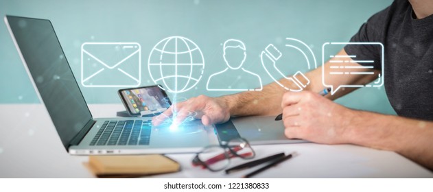 Businessman on blurred background using thin line contact icon - Shutterstock ID 1221380833