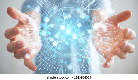 Businessman on blurred background using digital eye surveillance hologram 3D rendering - Powered by Shutterstock