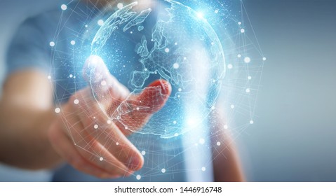 Businessman on blurred background using Europe map globe network hologram 3D rendering - Shutterstock ID 1446916748