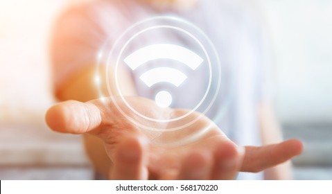 Businessman On Blurred Background Using Free Wifi Hotspot Interface 3D Rendering