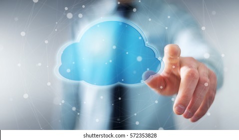 Businessman On Blurred Background Using Digital Cloud 3D Rendering