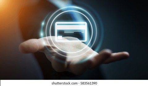 Businessman On Blurred Background Using Digital Payment Interface 3D Rendering