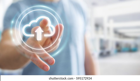 Businessman on blurred background using digital cloud 3D rendering
