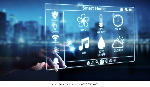 Businessman on blurred background using smart home digital interface 3D rendering - Powered by Shutterstock