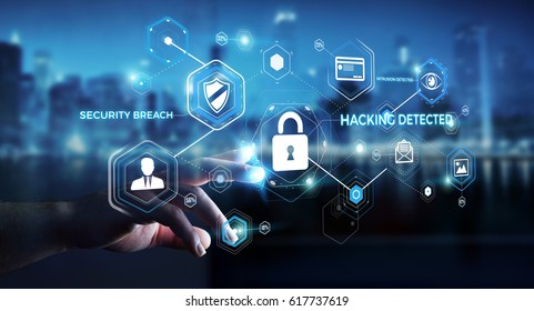 Businessman on blurred background using antivirus to block a cyber attack 3D rendering - Shutterstock ID 617737619