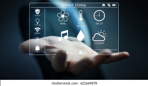 Businessman on blurred background using smart home digital interface 3D rendering
