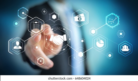 Businessman On Blurred Background Using Digital Presentation For Partnership Business 3D Rendering