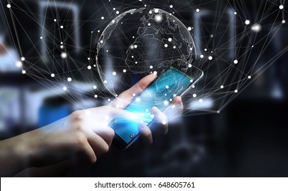 Businessman on blurred background using flying earth network interface 3D rendering - Powered by Shutterstock