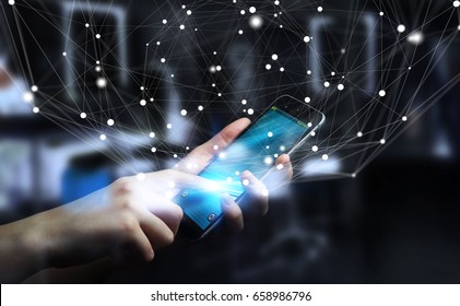 Businessman on blurred background using flying network connection interface 3D rendering - Shutterstock ID 658986796