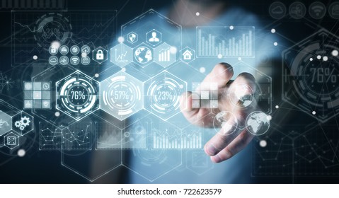Businessman on blurred background using holograms datas on digital screens 3D rendering - Shutterstock ID 722623579