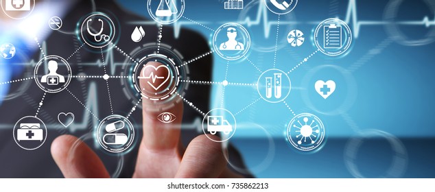 Businessman on blurred background using digital medical interface 3D rendering