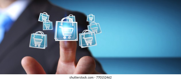 Businessman on blurred background using digital shopping icons 3D rendering