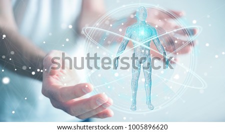 Businessman on blurred background using digital x-ray human body scan interface 3D rendering