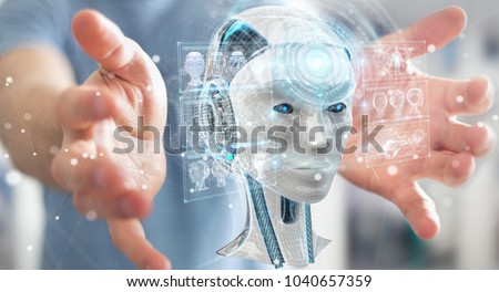 Businessman on blurred background using digital artificial intelligence interface 3D rendering
