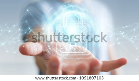 Businessman on blurred background using digital padlock with data protection 3D rendering