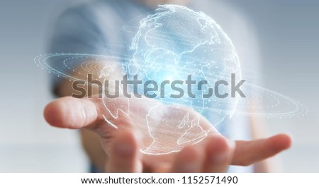 Businessman on blurred background using globe network hologram with America Usa map 3D rendering