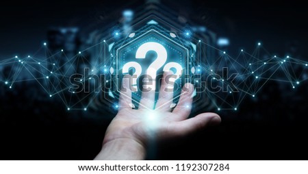 Businessman on blurred background using question marks digital interface 3D rendering