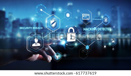 Businessman on blurred background using antivirus to block a cyber attack 3D rendering
