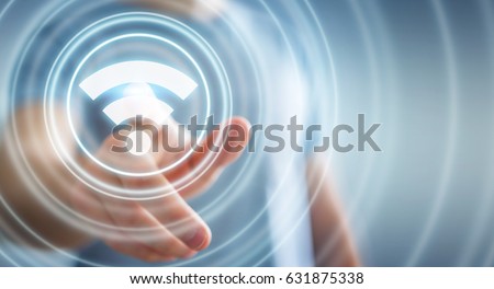 Businessman on blurred background using free wifi hotspot interface 3D rendering