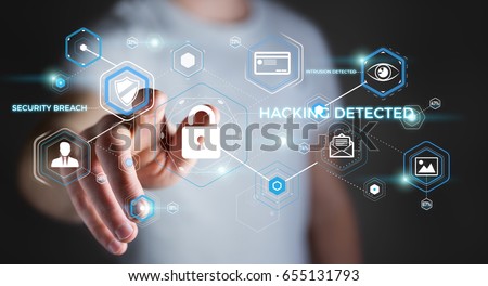 Businessman on blurred background using antivirus to block a cyber attack 3D rendering