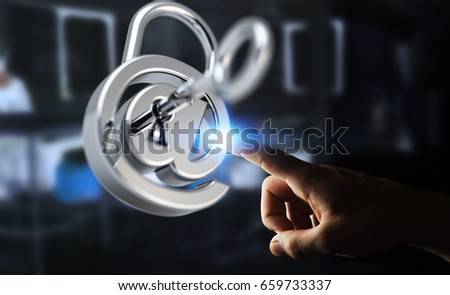 Businessman on blurred background using 3D rendered digital padlock to secure his internet datas 