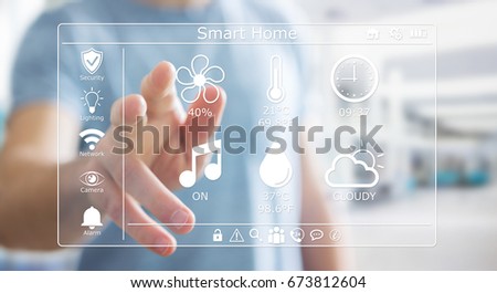 Businessman on blurred background using smart home digital interface 3D rendering
