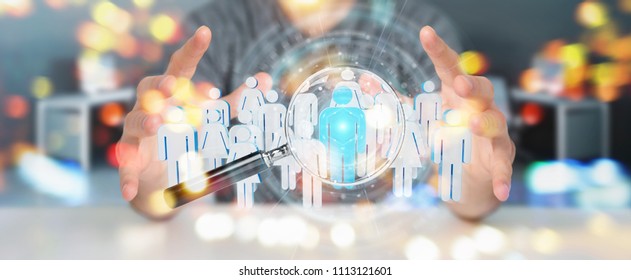 Businessman On Blurred Using Magnifying Glass To Recruit People 3D Rendering