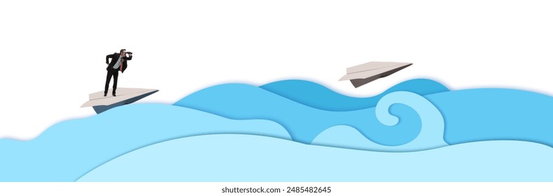 Businessman on paper plane, looking on binoculars ahead, over a stylized ocean. Vision, exploration, and forward-thinking in business. Adventurous, strategic, and insightful. Contemporary art collage. - Powered by Shutterstock