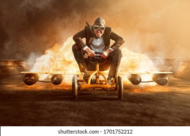 Businessman on a pedal car with a rocket engine