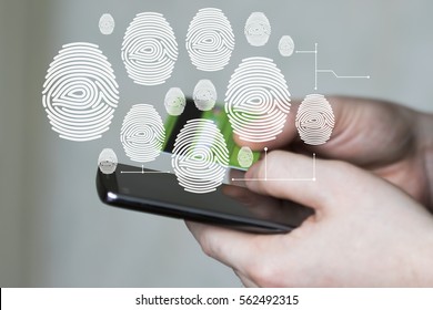 Businessman on phone confirms fingerprint purchase credit card