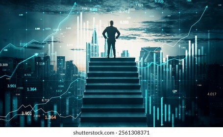 Businessman on steps facing cityscape, financial data overlay, glowing charts, twilight background. Concept of success, growth, ambition - Powered by Shutterstock