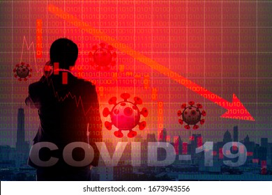 Businessman On Stock Market Chart In Down Trend Crisis From Covid19 Virus Outbreak, Corona Virus Outbreak Pandemic Concept